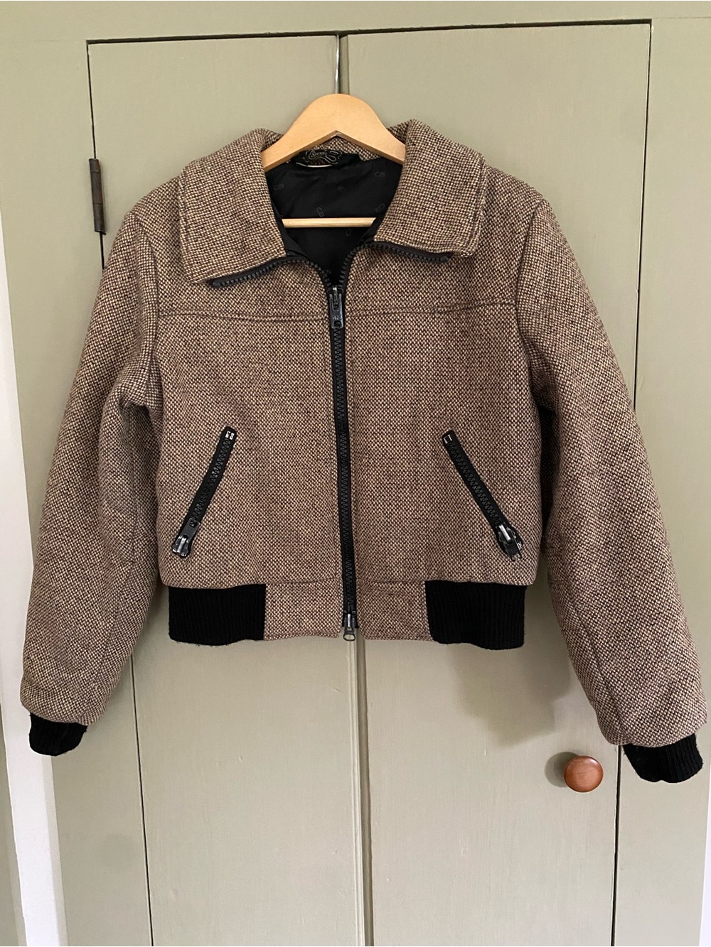 Vintage 80s Brown Tweed Bomber Jacket with Black Trim - Mens S